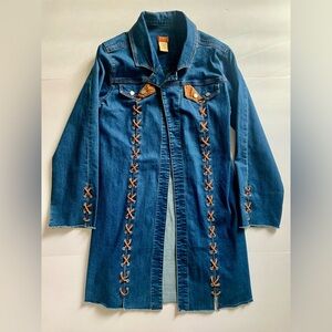 Scully Long Denim Jacket Womens XL Lace Up Suede Western Trench Cowgirl Vintage